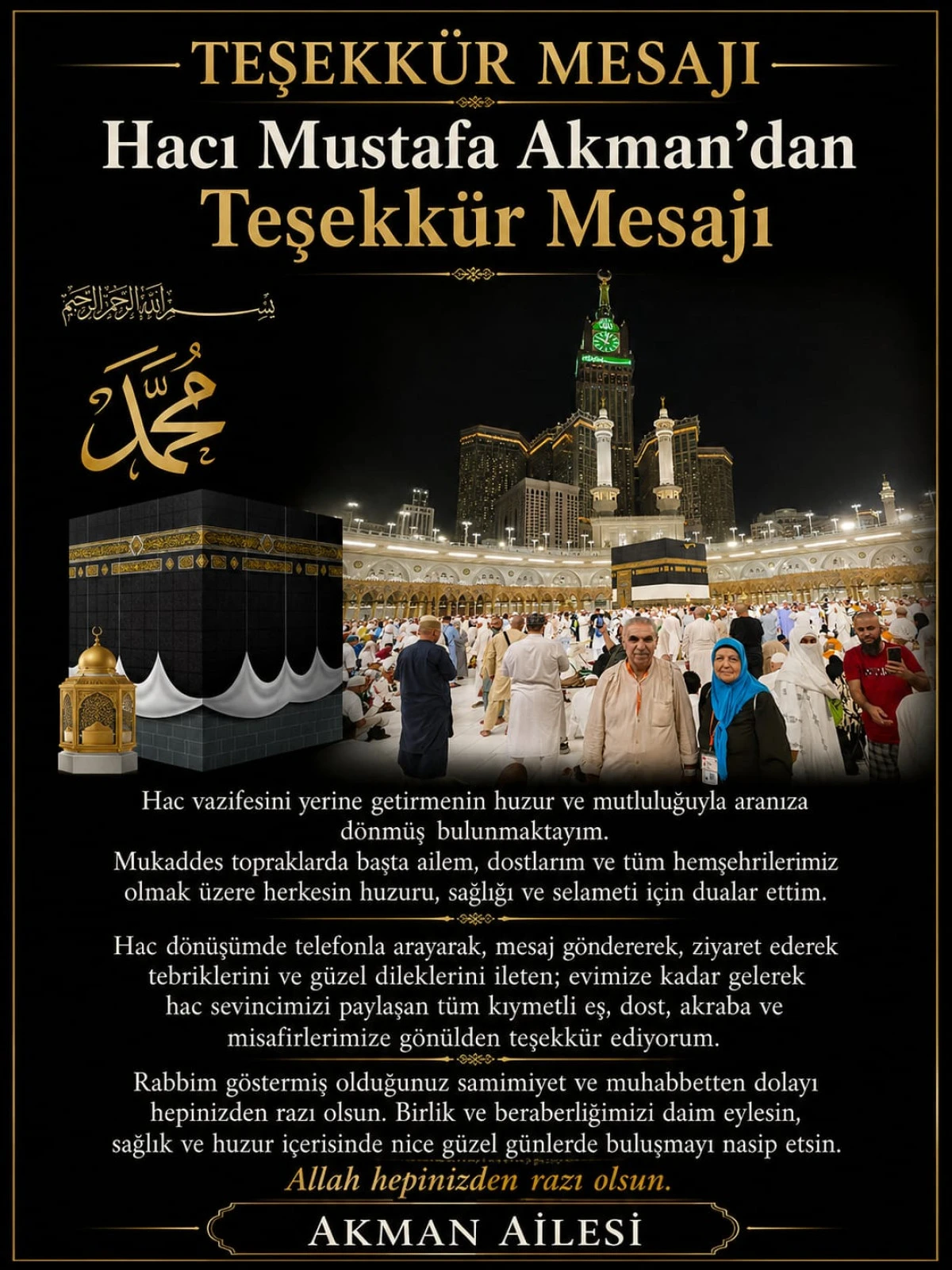 Hacı Mustafa Akman&rsquo;dan Teşekk&uuml;r Mesajı