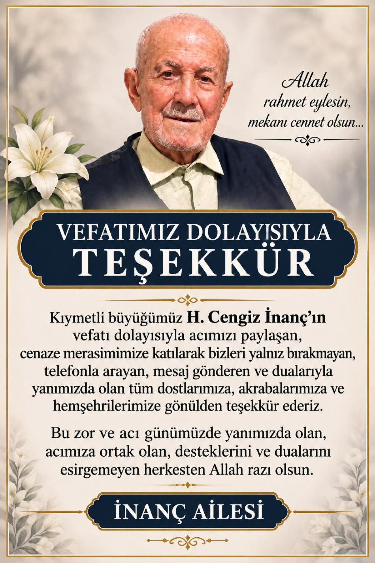 İnan&ccedil; Ailesinden Teşekk&uuml;r Mesajı