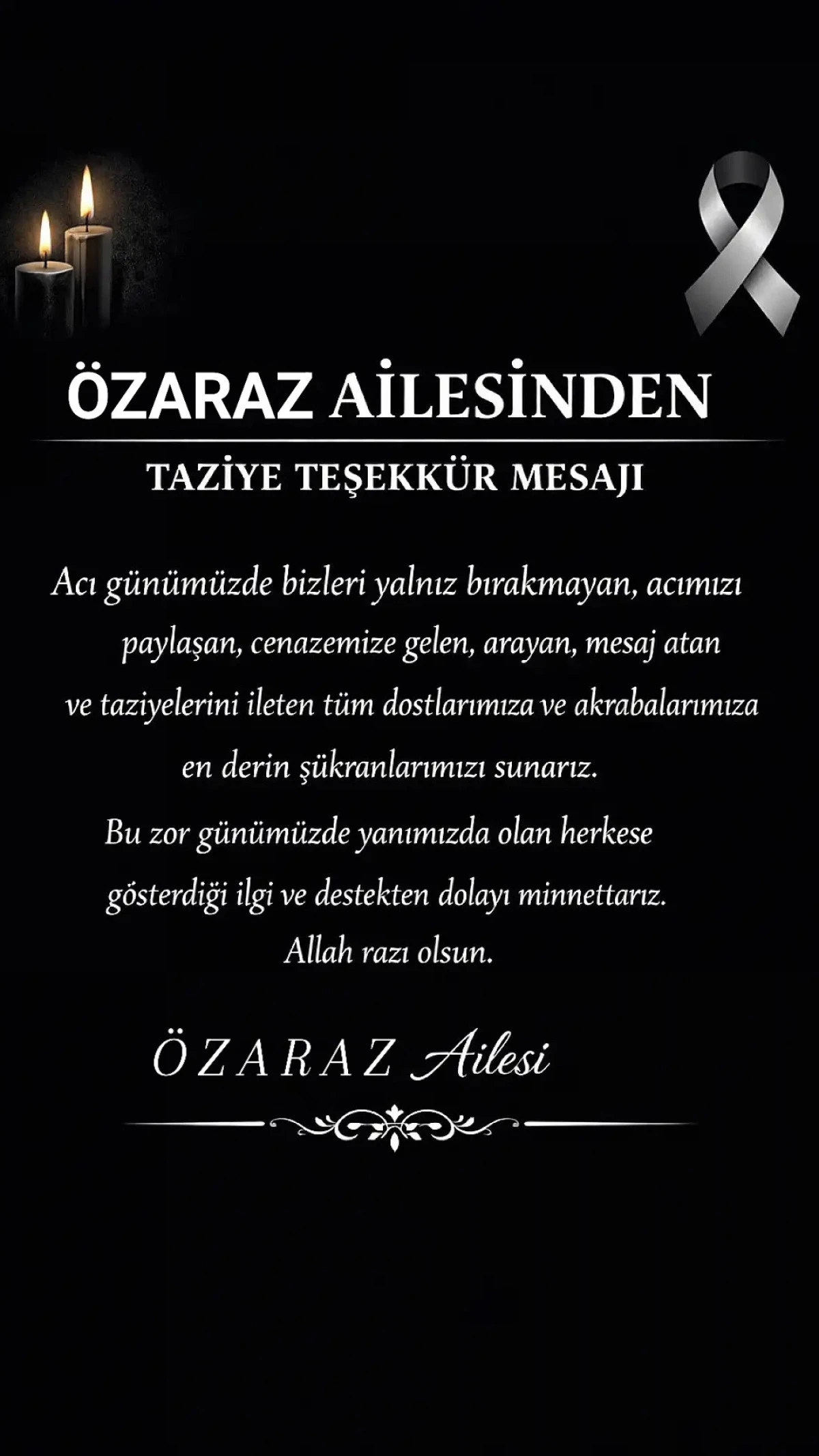 Taziye ve Teşekk&uuml;r Mesajı